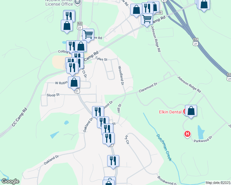 map of restaurants, bars, coffee shops, grocery stores, and more near 119 Woodland Drive in Elkin