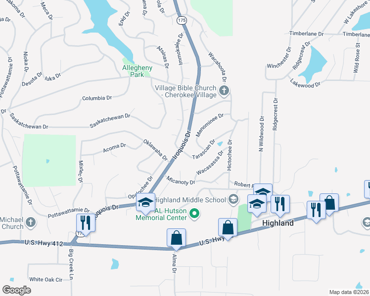 map of restaurants, bars, coffee shops, grocery stores, and more near 2 Tarascan Drive in Cherokee Village