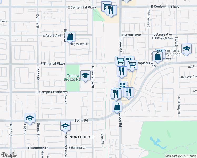 map of restaurants, bars, coffee shops, grocery stores, and more near 2105 Puffer Beach Court in North Las Vegas