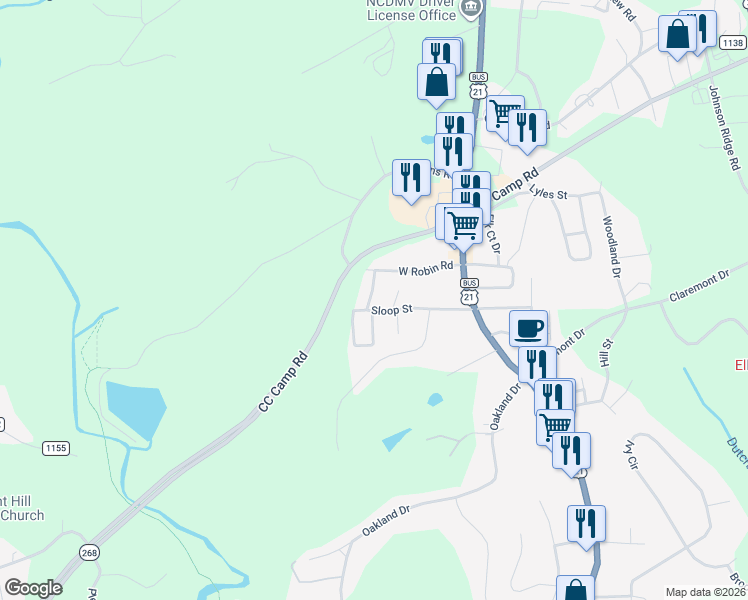 map of restaurants, bars, coffee shops, grocery stores, and more near 125 Turner Street in Elkin