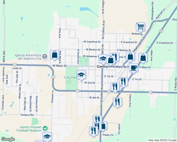 map of restaurants, bars, coffee shops, grocery stores, and more near 104 South Little Street in Gentry