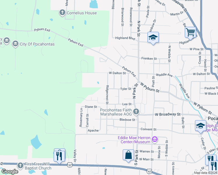 map of restaurants, bars, coffee shops, grocery stores, and more near 1000 Ridgecrest Street in Pocahontas
