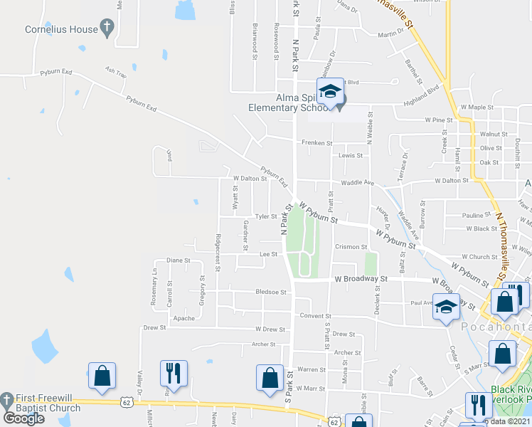 map of restaurants, bars, coffee shops, grocery stores, and more near 1001 Clayton Street in Pocahontas
