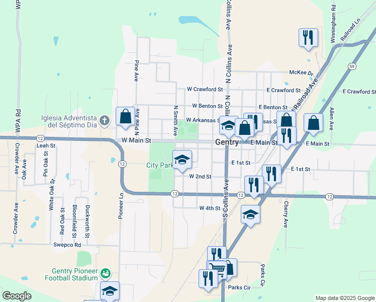 map of restaurants, bars, coffee shops, grocery stores, and more near 104 South Little Street in Gentry