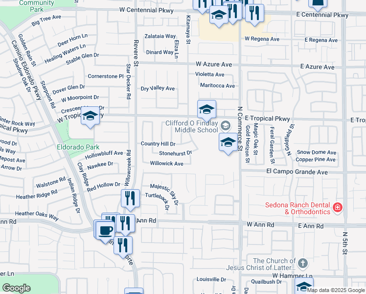 map of restaurants, bars, coffee shops, grocery stores, and more near 523 Country Hill Drive in North Las Vegas