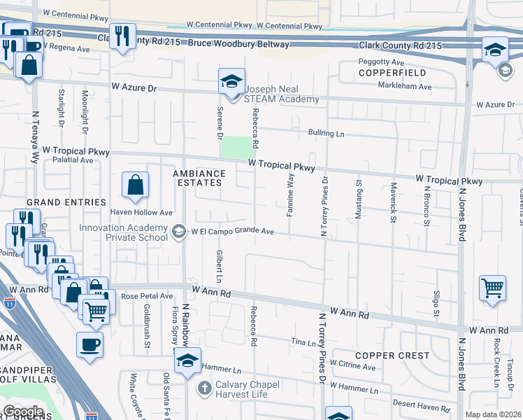 map of restaurants, bars, coffee shops, grocery stores, and more near 5841 Rebecca Road in Las Vegas