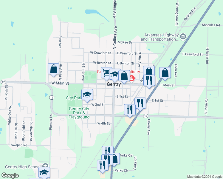 map of restaurants, bars, coffee shops, grocery stores, and more near 105 South Collins Avenue in Gentry
