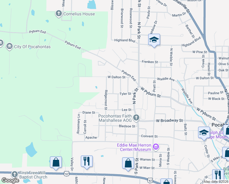 map of restaurants, bars, coffee shops, grocery stores, and more near 1002 Wyatt Street in Pocahontas