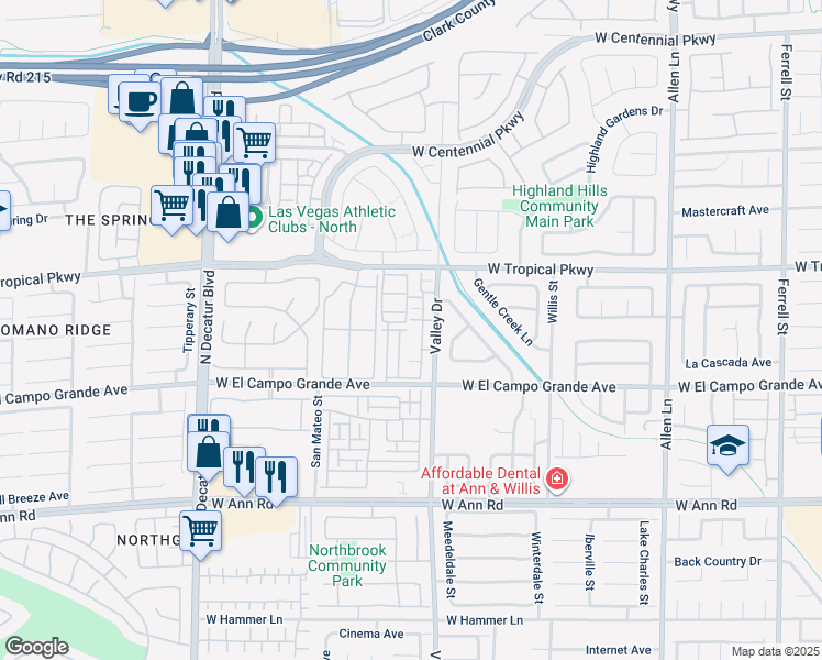 map of restaurants, bars, coffee shops, grocery stores, and more near 5855 Valley Drive in North Las Vegas
