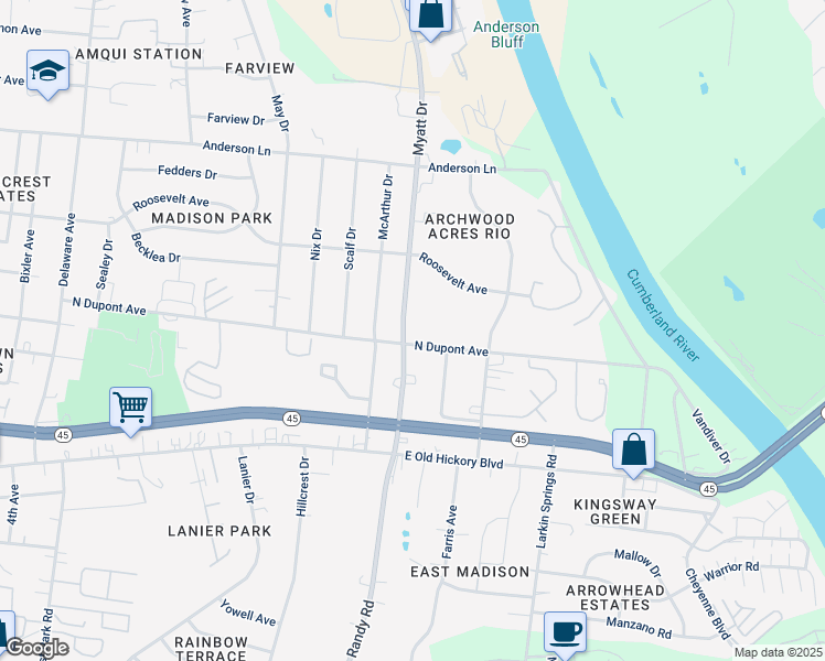 map of restaurants, bars, coffee shops, grocery stores, and more near 201 Myatt Drive in Nashville
