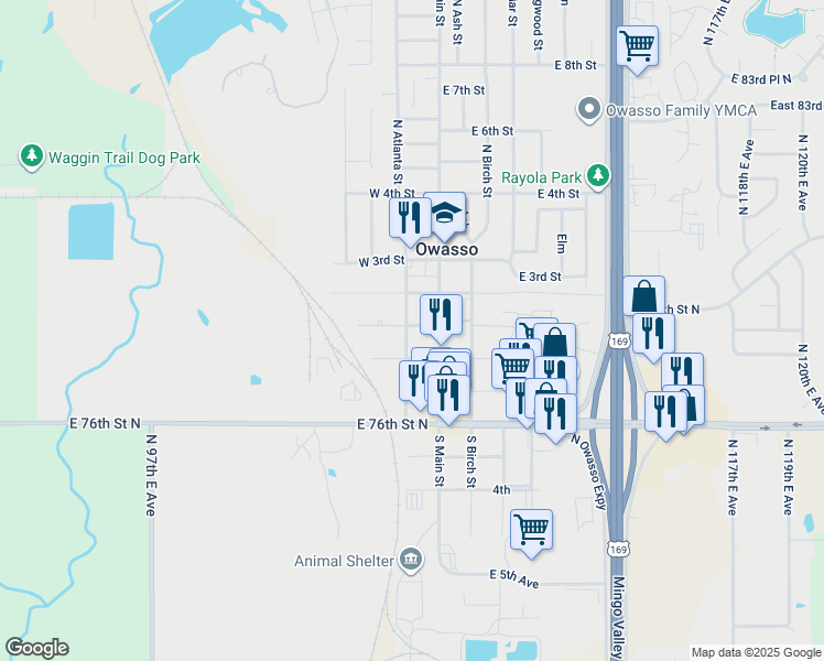 map of restaurants, bars, coffee shops, grocery stores, and more near 9 North Atlanta Street in Owasso