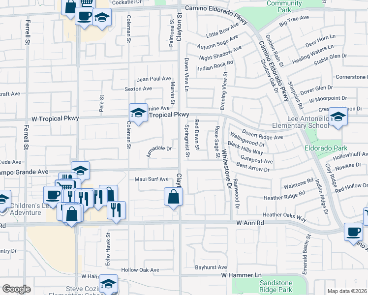 map of restaurants, bars, coffee shops, grocery stores, and more near 5846 Springmist Street in North Las Vegas