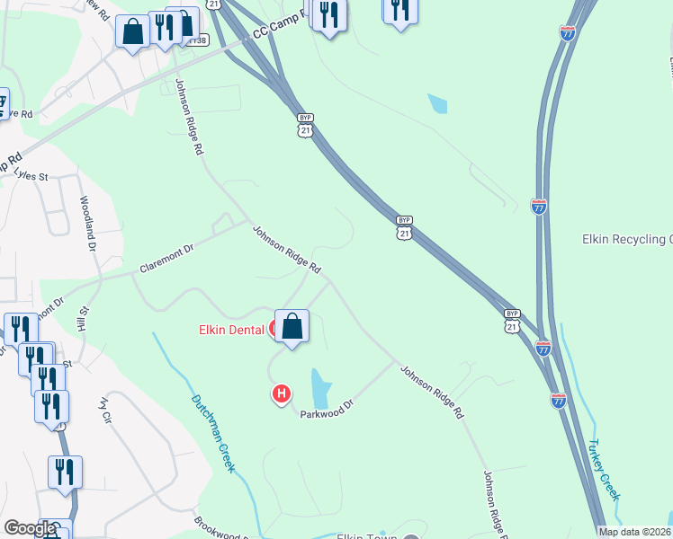 map of restaurants, bars, coffee shops, grocery stores, and more near 652 Johnson Ridge Road in Elkin