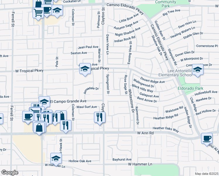 map of restaurants, bars, coffee shops, grocery stores, and more near 5846 Springmist Street in North Las Vegas