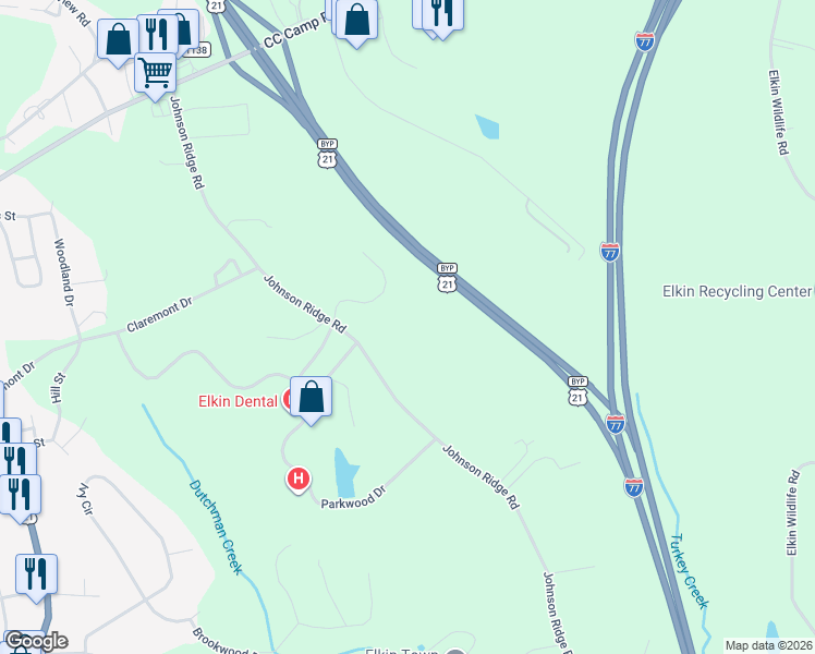 map of restaurants, bars, coffee shops, grocery stores, and more near 652 Johnson Ridge Road in Elkin