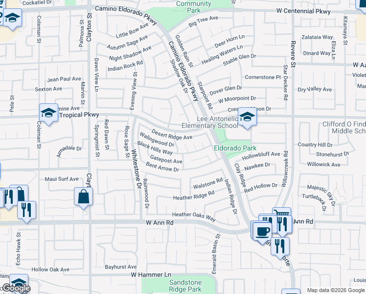 map of restaurants, bars, coffee shops, grocery stores, and more near 5870 Prairie Ridge Circle in North Las Vegas