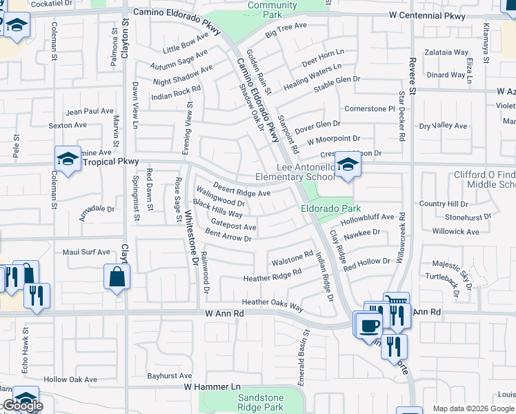 map of restaurants, bars, coffee shops, grocery stores, and more near 5870 Prairie Ridge Circle in North Las Vegas