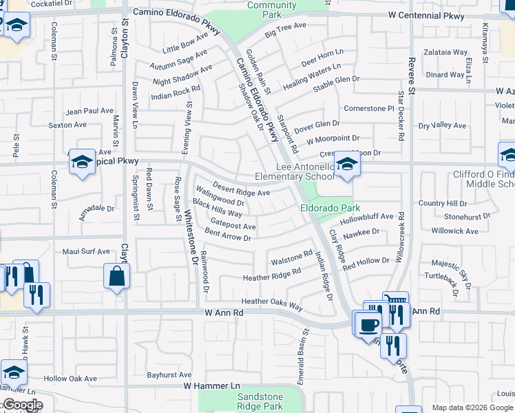 map of restaurants, bars, coffee shops, grocery stores, and more near 5871 Prairie Ridge Circle in North Las Vegas