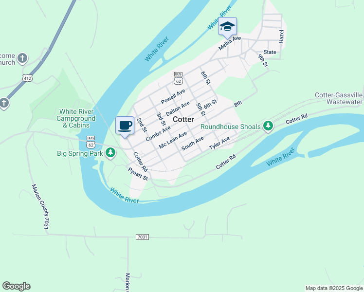 map of restaurants, bars, coffee shops, grocery stores, and more near 303 South Avenue in Cotter