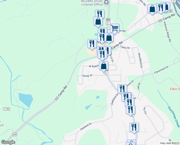 map of restaurants, bars, coffee shops, grocery stores, and more near 114 North Kirkland Avenue in Elkin