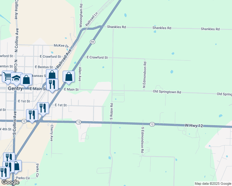 map of restaurants, bars, coffee shops, grocery stores, and more near 1298 East Main Street in Gentry