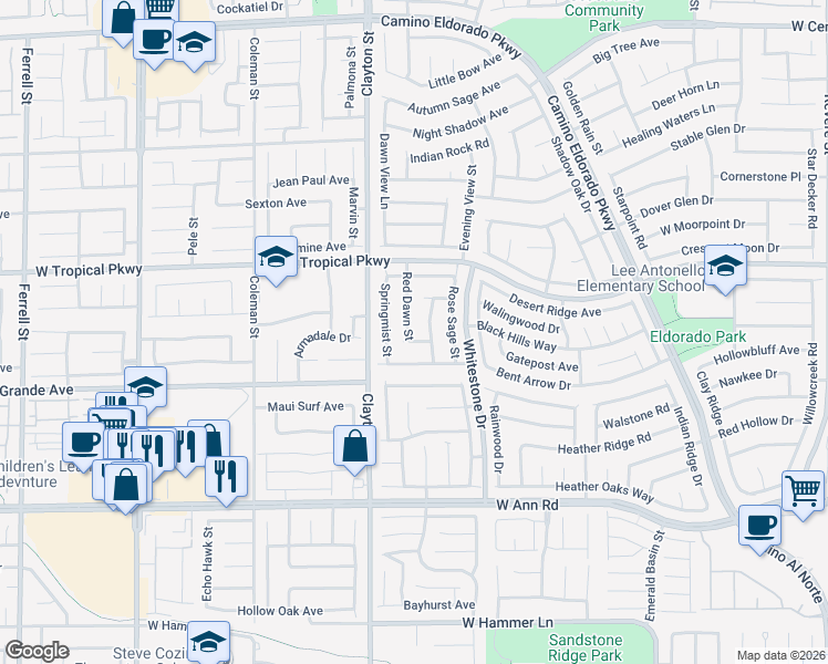 map of restaurants, bars, coffee shops, grocery stores, and more near 5846 Springmist Street in North Las Vegas