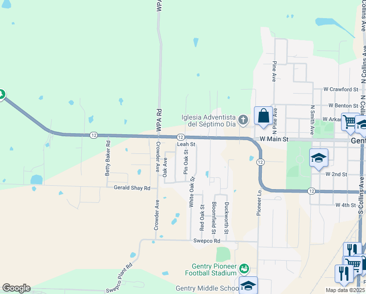 map of restaurants, bars, coffee shops, grocery stores, and more near 1339 West Main Street in Gentry