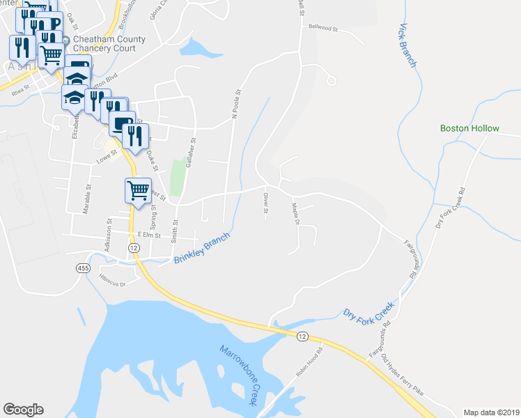 map of restaurants, bars, coffee shops, grocery stores, and more near 106 Oliver Street in Ashland City