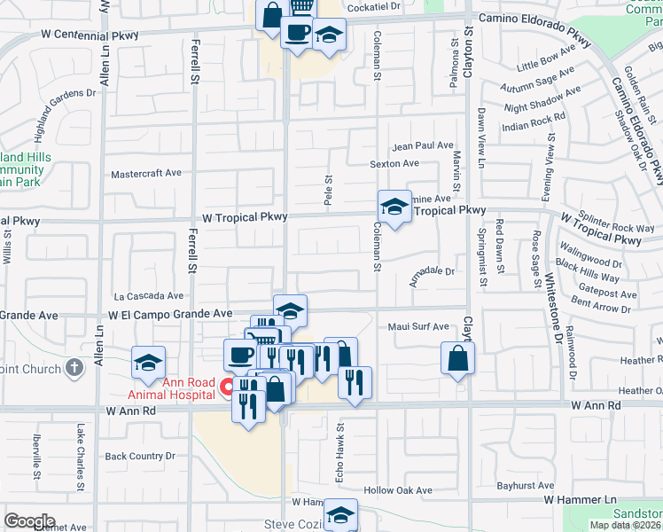 map of restaurants, bars, coffee shops, grocery stores, and more near 2610 Gardenia Flower Avenue in North Las Vegas