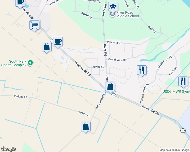 map of restaurants, bars, coffee shops, grocery stores, and more near 1745 Weeksville Road in Elizabeth City