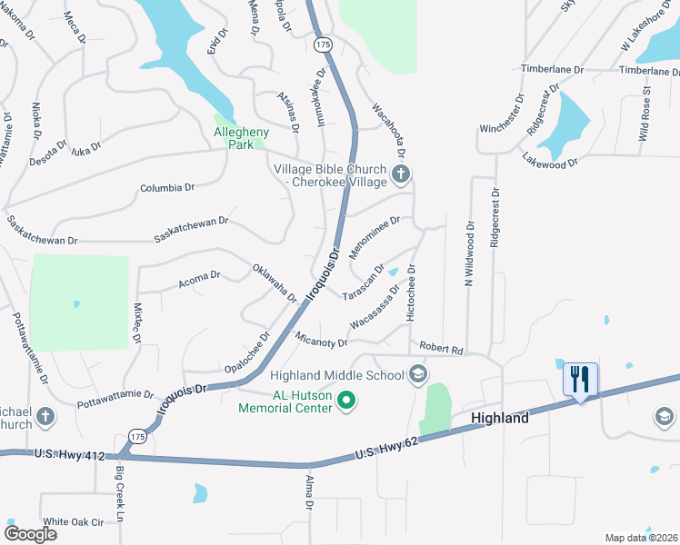 map of restaurants, bars, coffee shops, grocery stores, and more near 2 Tarascan Drive in Cherokee Village