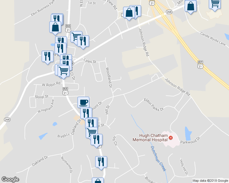 map of restaurants, bars, coffee shops, grocery stores, and more near 120 Woodland Drive in Elkin