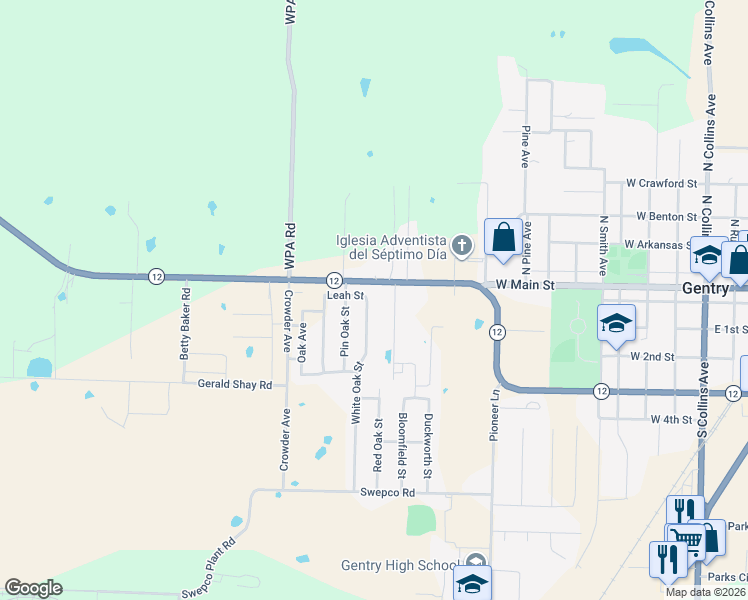 map of restaurants, bars, coffee shops, grocery stores, and more near 1339 West Main Street in Gentry