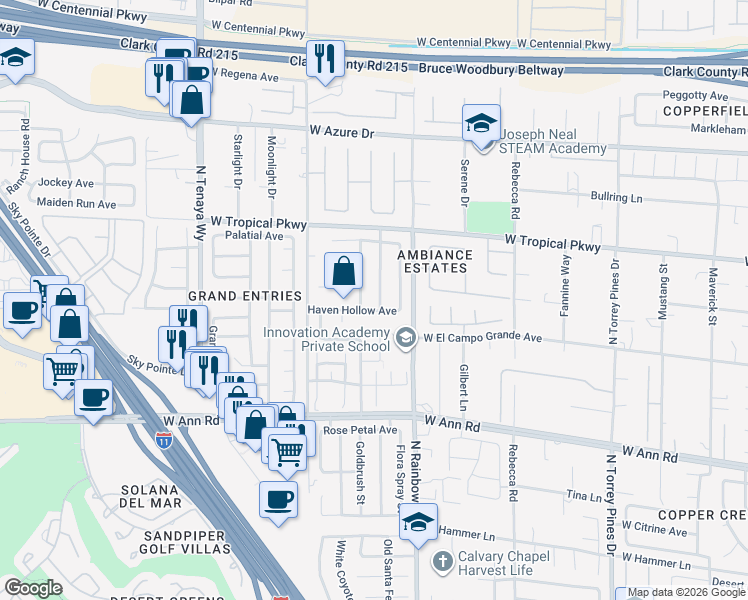 map of restaurants, bars, coffee shops, grocery stores, and more near 5805 Grand Heritage Street in Las Vegas