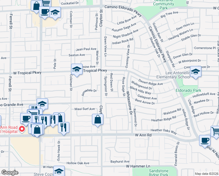 map of restaurants, bars, coffee shops, grocery stores, and more near 5853 Red Dawn Street in North Las Vegas