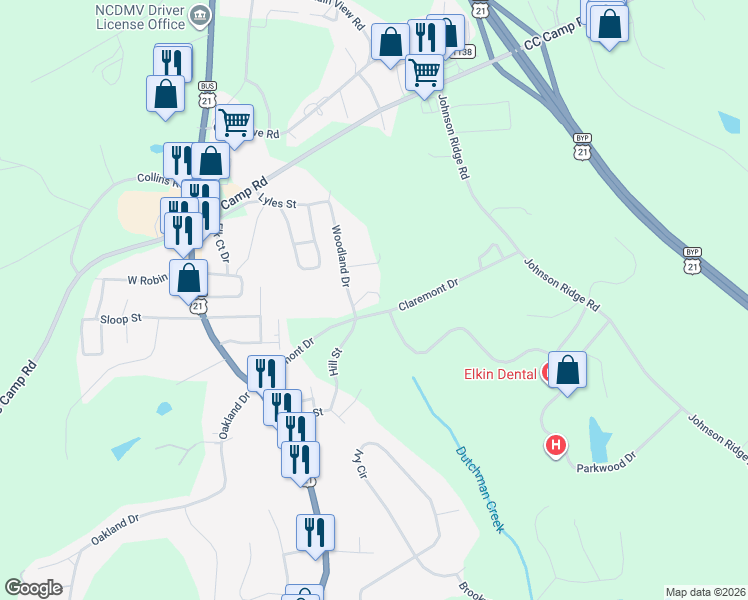 map of restaurants, bars, coffee shops, grocery stores, and more near 120 Woodland Drive in Elkin