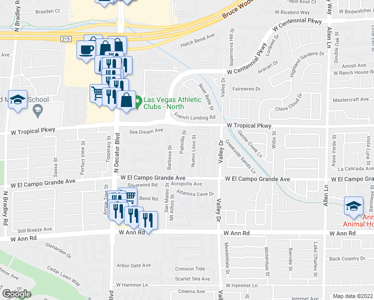 map of restaurants, bars, coffee shops, grocery stores, and more near 5925 Palmilla Street in North Las Vegas