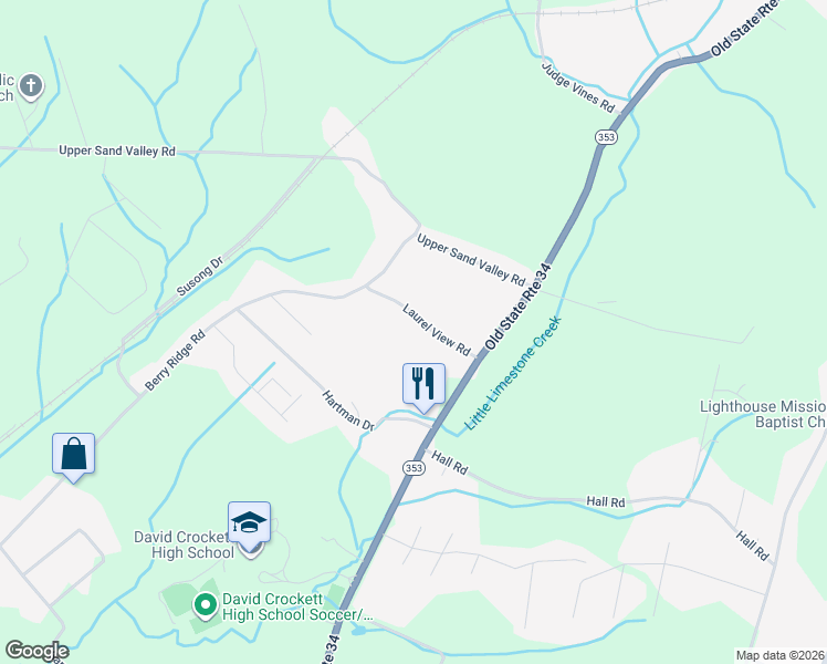map of restaurants, bars, coffee shops, grocery stores, and more near 141 Laurel View Road in Jonesborough