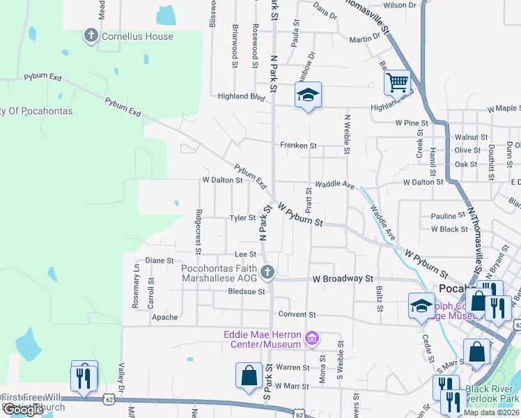 map of restaurants, bars, coffee shops, grocery stores, and more near 1003 North Park Street in Pocahontas