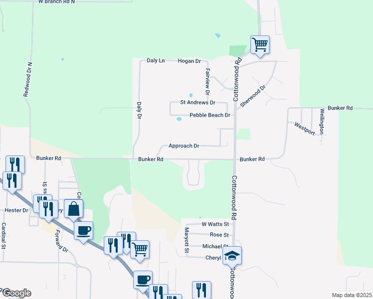 map of restaurants, bars, coffee shops, grocery stores, and more near 1019 Bunker Road West in Harrison