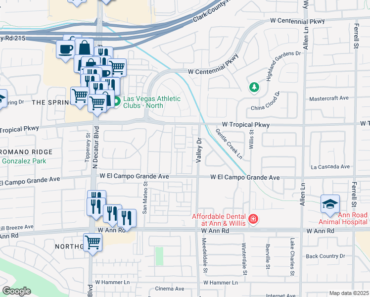 map of restaurants, bars, coffee shops, grocery stores, and more near 5855 Valley Drive in North Las Vegas