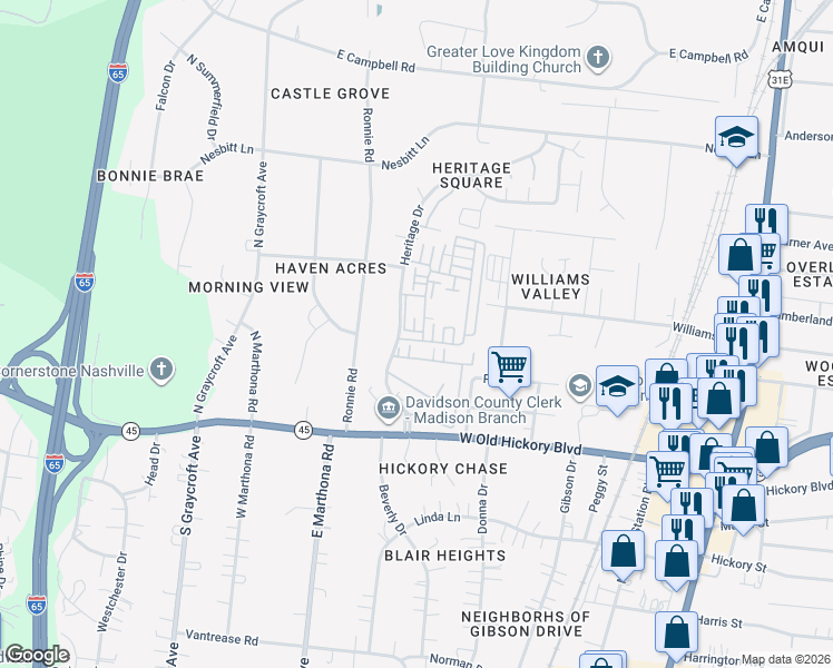 map of restaurants, bars, coffee shops, grocery stores, and more near 105 Heritage Trace Drive in Nashville
