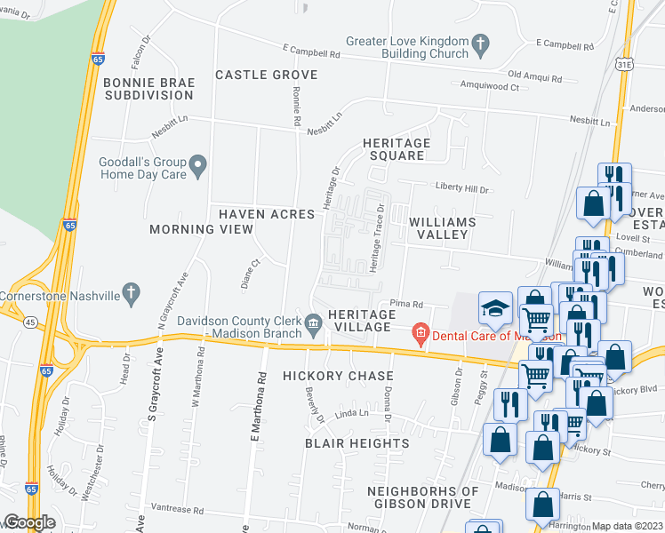 map of restaurants, bars, coffee shops, grocery stores, and more near 105 Heritage Trace Drive in Nashville