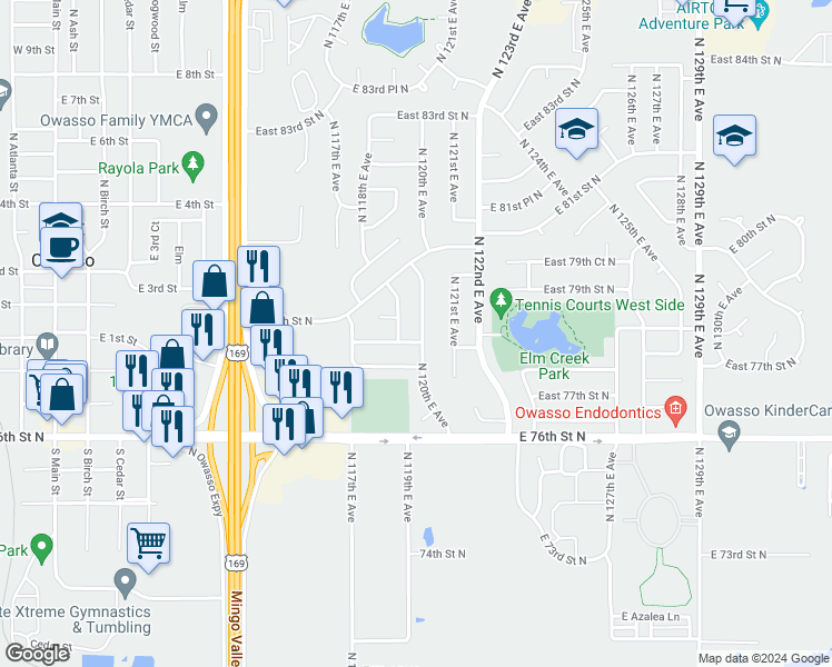 map of restaurants, bars, coffee shops, grocery stores, and more near 7880 North 120th East Avenue in Owasso