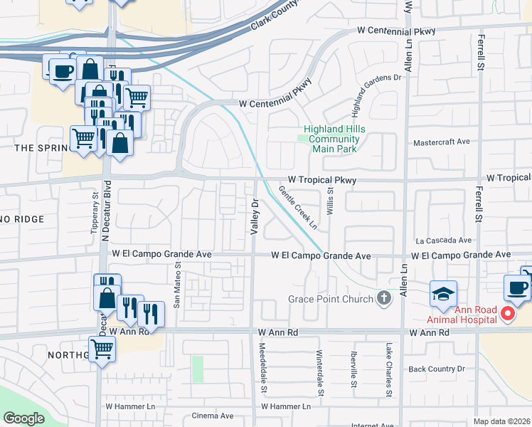 map of restaurants, bars, coffee shops, grocery stores, and more near 5915 Creekside Sands Lane in North Las Vegas