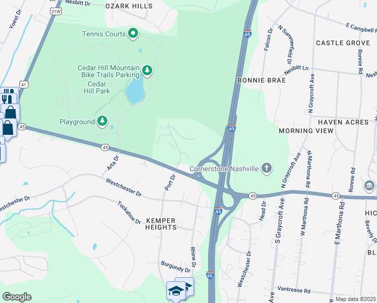 map of restaurants, bars, coffee shops, grocery stores, and more near 1600 Nesbitt Lane in Nashville