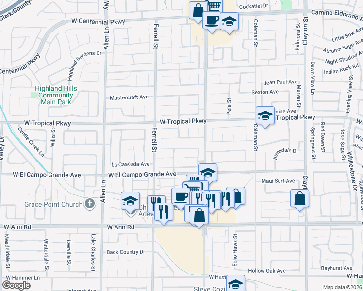 map of restaurants, bars, coffee shops, grocery stores, and more near 3021 Anchorman Way in North Las Vegas