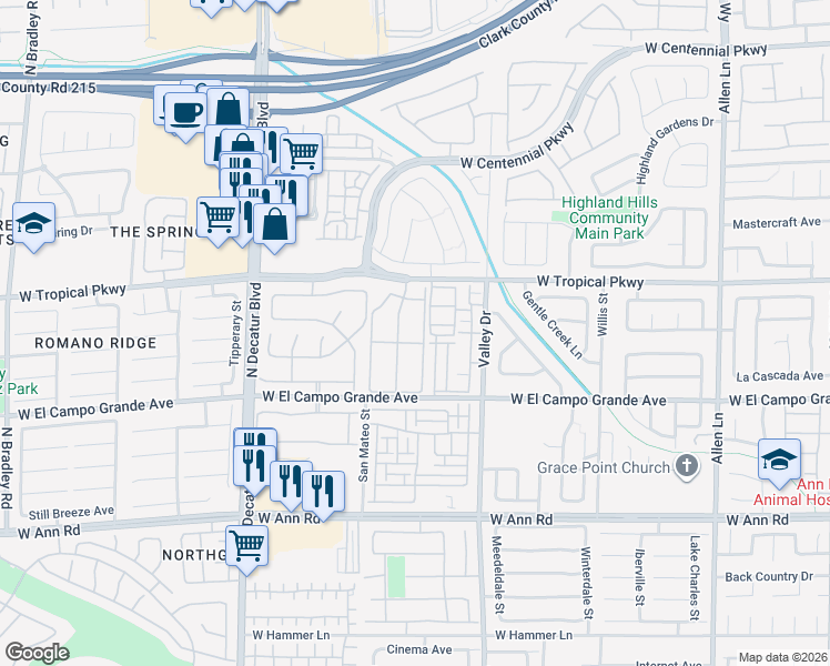 map of restaurants, bars, coffee shops, grocery stores, and more near 5855 Valley Drive in North Las Vegas