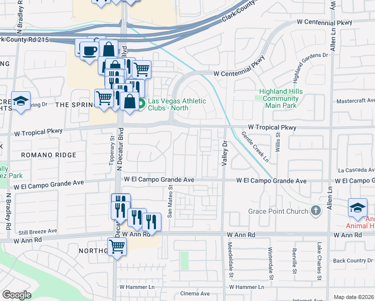 map of restaurants, bars, coffee shops, grocery stores, and more near 5925 Palmilla Street in North Las Vegas
