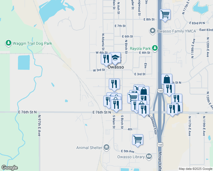 map of restaurants, bars, coffee shops, grocery stores, and more near 9 North Atlanta Street in Owasso